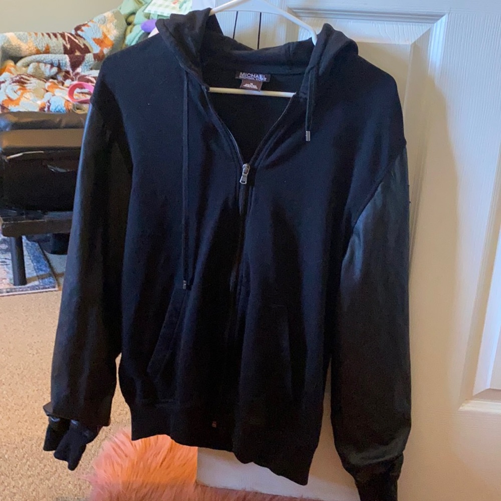 Micheal kors leather sleeve zip up jacket!